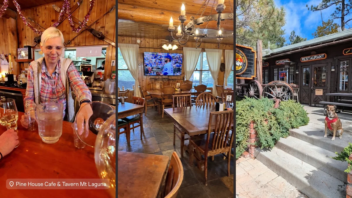Rustic cabin-style dining room with warm wood finishes.