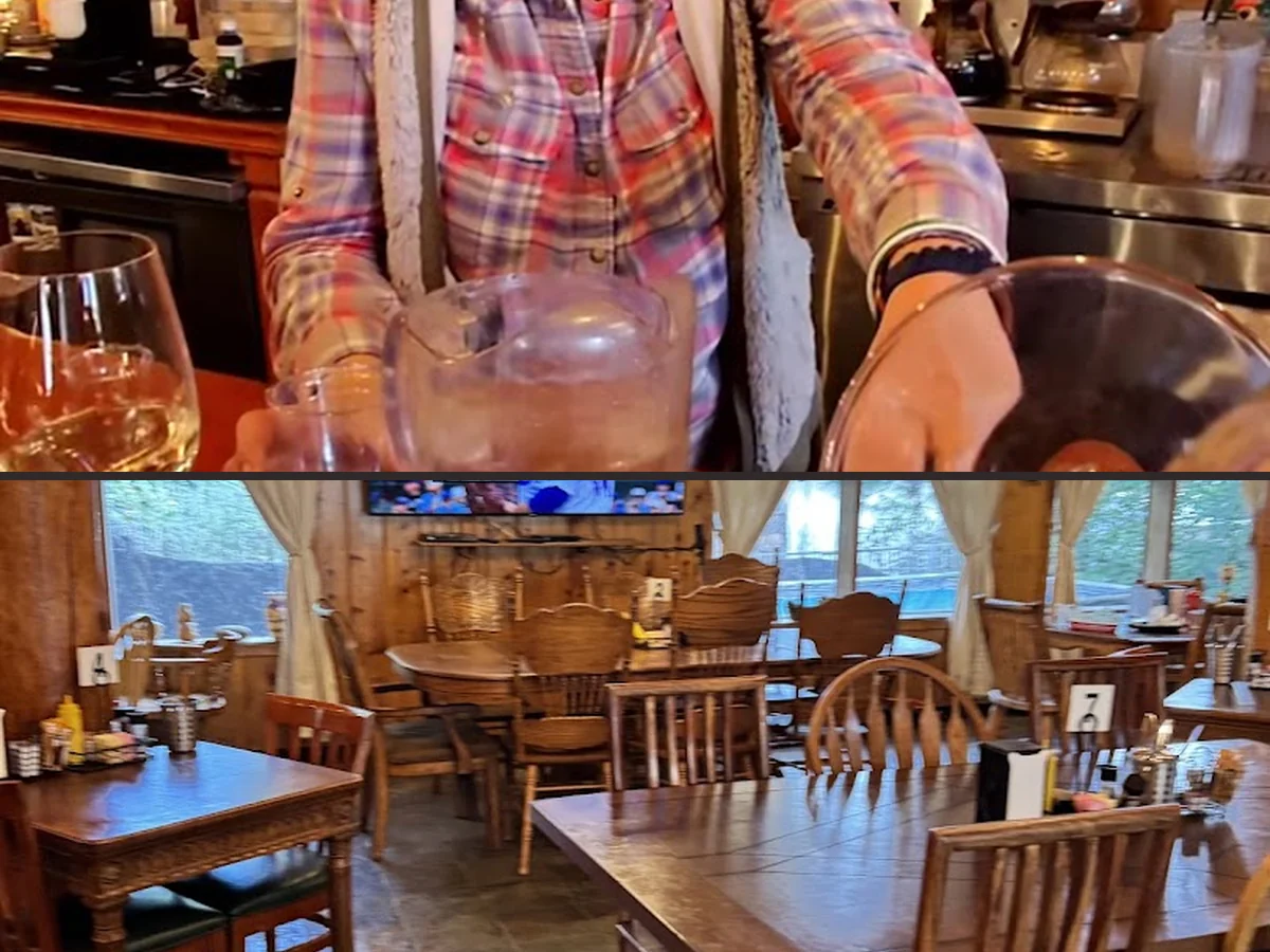 Mountain lodge interior with beer hall seating.
