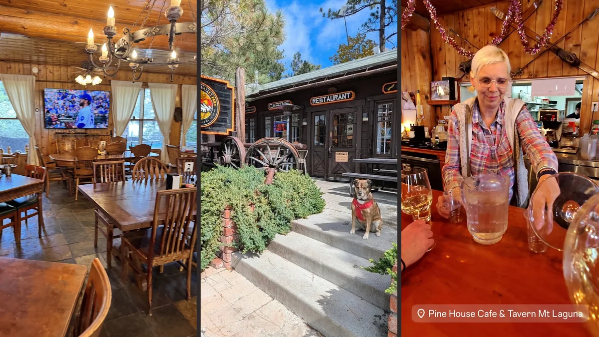 Rustic cabin-style dining room with warm wood finishes.