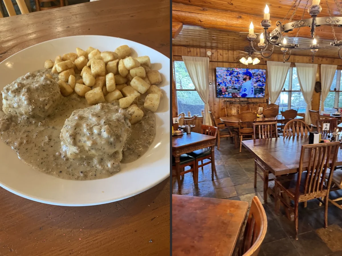 Mountain lodge interior with beer hall seating.