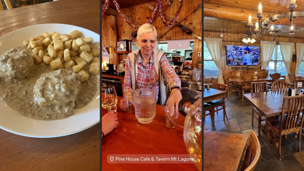 Rustic cabin-style dining room with warm wood finishes.