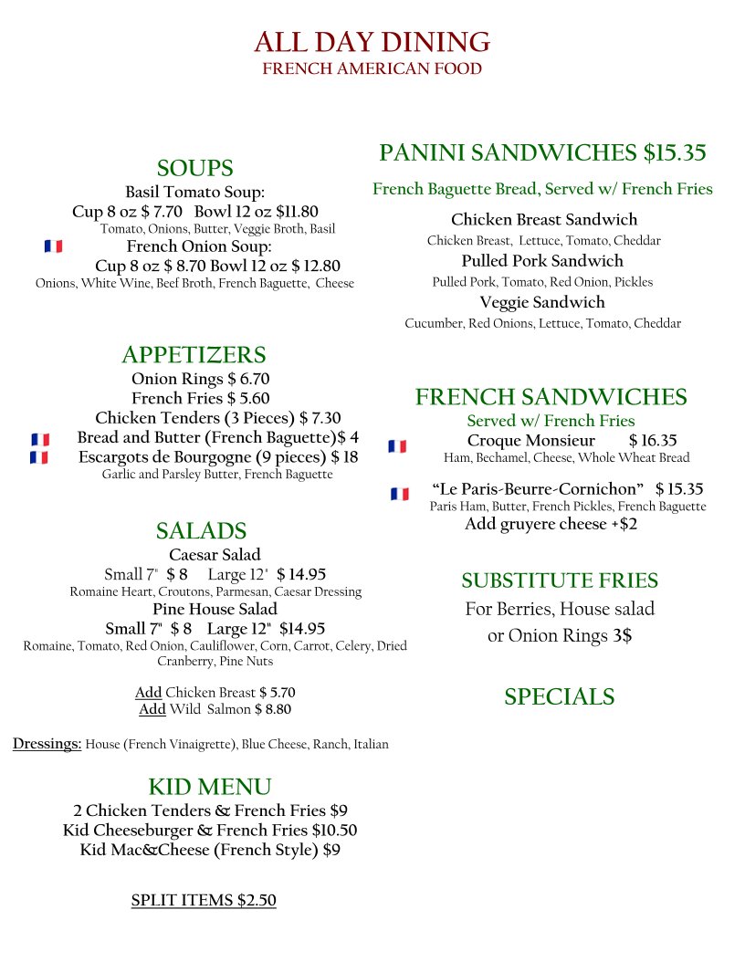Printed menu for traditional American tavern fare.